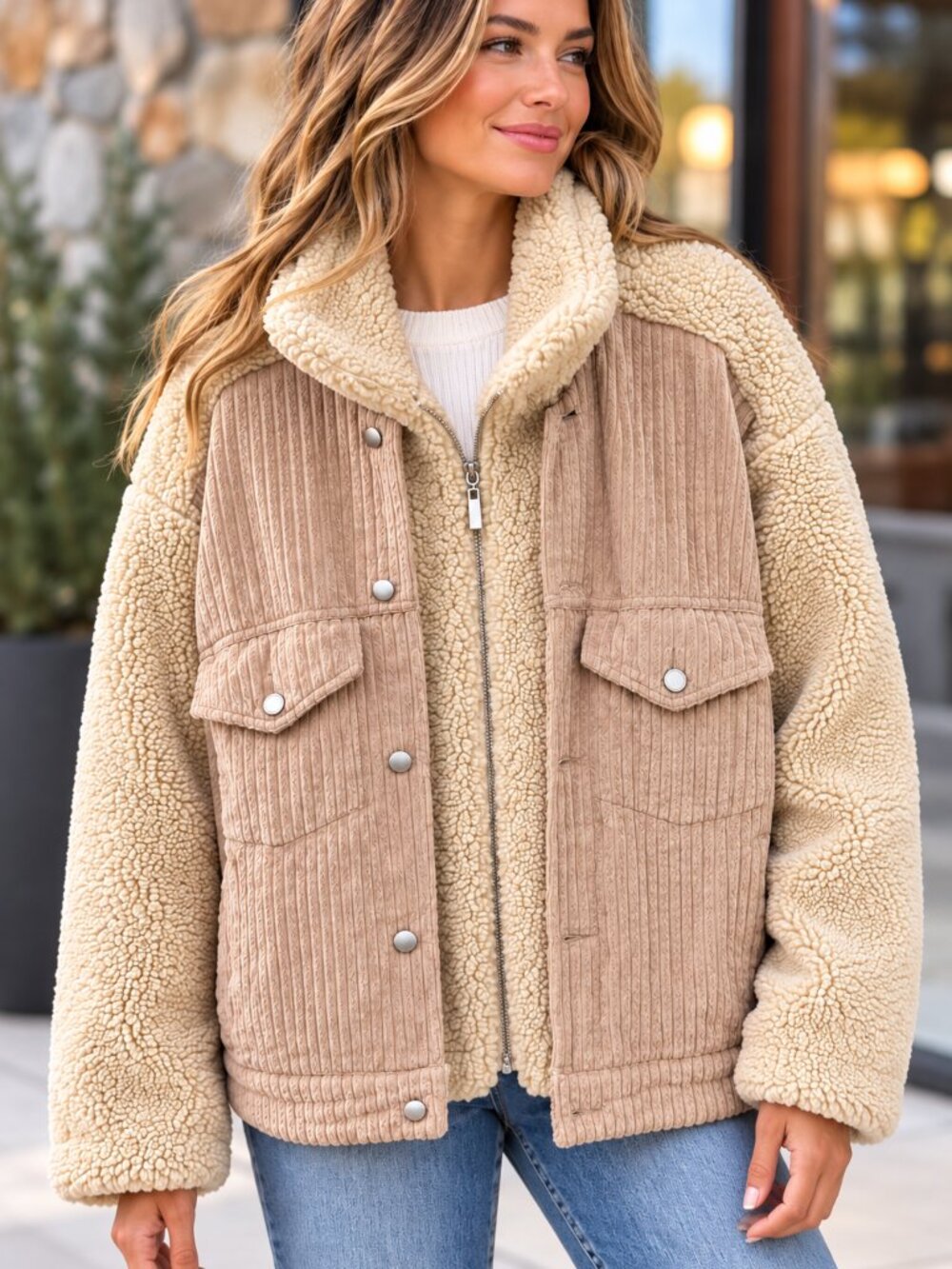 BLANKNYC Double Glazed Sherpa Corduroy Jacket Medium Beige Cream